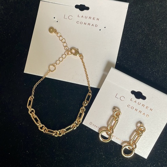 LC dangling chain link Earrings & chain link Bracelet, gold-tone, NWT. - Picture 1 of 16